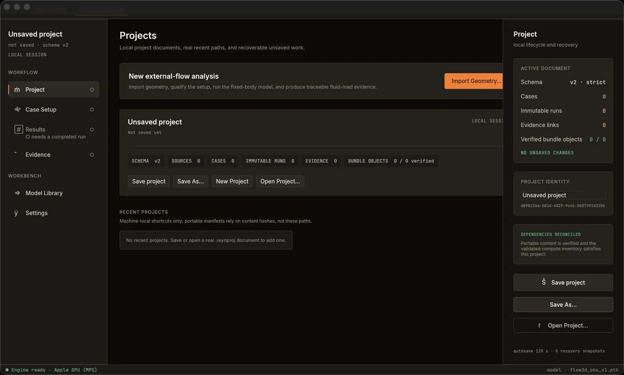 Reyn Studio Project screen with workflow, geometry import, model status, and evidence inventory