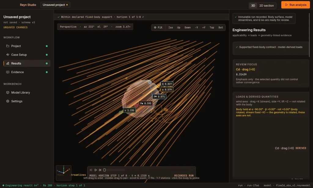 Reyn Studio 3D results view with streamlines around a body and Engineering Results open. Early-preview interface.