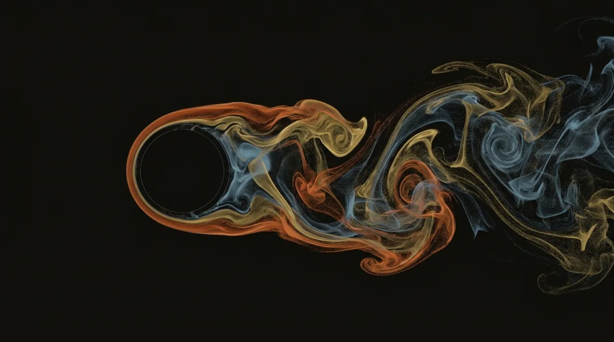 Rendered vortex wake around a cylinder in orange, gold, and blue